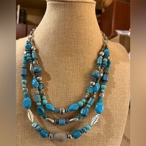 Chico's Silver Tone and Turquoise Color Beads Necklace Multiple Strand 24.5”